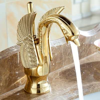 Modern deck mount gold-plating brass swan shape wash basin mixer taps for bathroom